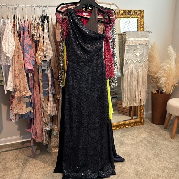 Amsale Womens Navy Sequined One Shoulder Evening Dress Gown NWT Size 4 - Picture 4 of 8